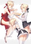  ahoge alcohol apron ass bangs bare_shoulders black_dress black_ribbon black_skirt braid china_dress chinese_clothes closed_mouth commentary_request cup dress drinking_glass elbow_gloves fate/extra fate_(series) gloves hair_bun hair_intakes hair_ribbon halter_dress halterneck high_heels long_sleeves looking_at_viewer maid maid_apron miniskirt multiple_persona nero_claudius_(fate) nero_claudius_(fate)_(all) panties pelvic_curtain red_dress red_ribbon ribbon ritsuki shirt shoes short_hair sitting skirt skirt_lift smile thighhighs underwear upskirt white_apron white_gloves white_legwear white_ribbon white_shirt wine wine_glass 