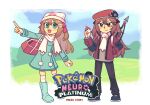  2girls :d alternate_costume bag beanie beret black_pants black_shoes blue_eyes blue_sky blush_stickers boots border brown_hair buttons coat cosplay dawn_(pokemon) dawn_(pokemon)_(cosplay) double-breasted double-parted_bangs evil_neuro-sama fang full_body grass green_boots green_coat grey_shirt hair_between_eyes hair_ornament hair_ribbon hand_in_pocket harpoon harpoon_gun hat heart heart_hair_ornament highres hill holding holding_poke_ball jacket long_sleeves looking_at_viewer luanma96 lucas_(pokemon) lucas_(pokemon)_(cosplay) mimikyu multiple_girls neuro-sama outdoors outstretched_arms pants parody pink_ribbon poke_ball pokemon pokemon_dppt pokemon_platinum red_bag red_eyes red_hat red_jacket red_ribbon ribbon scarf shirt shoes shoulder_bag skin_fang skull_hair_ornament sky smile standing teeth thighhighs title_parody torn_hair_ribbon two_side_up upper_teeth_only v-shaped_eyebrows vedal_ai white_border white_hat white_scarf white_thighhighs 