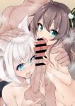  1boy 2girls age_difference animal_ears aqua_eyes arktwo_shin bar_censor black_ribbon breasts brown_hair caressing_testicles cat_hair_ornament censored collarbone cooperative_handjob crossed_bangs erection fox_ears green_eyes hair_between_eyes hair_ornament hair_ribbon hand_on_another's_head hand_on_another's_shoulder handjob hands_up hetero highres hololive large_penis long_hair looking_at_penis looking_at_viewer multicolored_eyes multiple_girls natsuiro_matsuri navel nude open_mouth penis precum ribbon shirakami_fubuki side_ponytail small_breasts smile steam striped_ribbon teamwork_(sexual) teeth testicles upper_body upper_teeth_only virtual_youtuber white_hair 