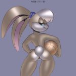  anthro ball bangs basketball bedroom_eyes big_ears blue_eyes butt female floppy_ears fur green_eyes hair half-closed_eyes holding_object lagomorph lola_bunny long_ears looking_back looney_tunes mammal multicolored_fur nude pink_nose purple_background pussy rabbit rear_view seductive short_hair short_tail simple_background smile smirk solo space_jam standing tan_fur teal_eyes thigh_gap two_tone_fur warner_brothers white_fur white_hair xylas 