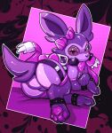  ambiguous_gender bondage_gear bulge bulge_from_behind butt clothing corromon crossed_paws cuff_(restraint) dr._sylvia_(squeakitties) eeveelution feral gas_mask generation_6_pokemon glistening glistening_body gloves handwear hi_res implied_transformation latex latex_clothing latex_gloves latex_handwear latex_legwear latex_skinsuit latex_stockings legwear lenses looking_at_viewer lying mask medical_instrument nintendo paws pokemon pokemon_(species) purple_body restraints ribbons rubbermon scientific_instrument seductive skinsuit solo stockings surgical_instrument sylveon tight_clothing 