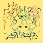  2025 anthro choker ear_piercing eldiipiid facial_piercing female femboy fish giraffe giraffid group hair harry_gray_(eldiipiid) hi_res holidays jewelry lagomorph leporid male male/female mammal marine messy_hair necklace new_year nose_piercing pasties piercing rabbit shark trio 