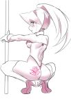  1girl bikini blush breasts capcom ciel_(rockman) female full_body headgear high_heels high_ponytail inti_creates legs_spreads long_hair looking_at_viewer looking_back monochrome pole pole_dancing ponytail rockman rockman_zero simple_background sketch smile solo squatting string stripper_pole swimsuit thighhighs ukimukai uncolored white_background 