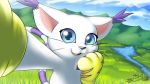 blue_eyes claws clothed clothing digimon feline female fur gatomon gloves looking_at_viewer mammal milesnukem open_mouth selfie white_fur 
