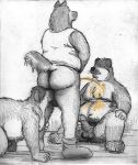  anthro balls bd belly big_belly butt_sniffing canine clothing dirty_socks dog erection fur group legwear male male/male mammal navel nude overweight peeing pencil_(artwork) penis shaggy_fur shirt sitting slightly_chubby smile sniffing socks standing tank_top traditional_media_(artwork) urine watersports 
