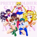  5girls aino_minako back_bow bishoujo_senshi_sailor_moon bishoujo_senshi_sailor_moon_(first_season) black_hair blonde_hair blue_boots blue_eyes blue_hair blue_sailor_collar blue_skirt boots bow bowtie brown_hair choker circlet commentary_request copyright_name covered_navel crescent_beam double_bun elbow_gloves floating_hair full_body gloves green_boots green_eyes green_sailor_collar green_skirt hair_bobbles hair_bun hair_ornament high_heels highres hino_rei inner_senshi kino_makoto lace-up_boots legs leotard long_hair magical_girl miniskirt mizuno_ami moon_tiara_action multiple_girls open_mouth orange_choker orange_hair orange_sailor_collar orange_skirt pink_bow pirochi pleated_skirt pointing pointing_at_viewer ponytail pump purple_bow purple_bowtie purple_eyes red_bow red_bowtie red_sailor_collar red_shoes red_skirt sailor_collar sailor_collar_lift sailor_jupiter sailor_mars sailor_mercury sailor_moon sailor_senshi sailor_senshi_uniform sailor_venus shabon_spray shiny_skin shirt shoes short_hair simple_background skirt sleeveless sleeveless_shirt squatting tiara tsukino_usagi twintails very_long_hair white_background white_gloves white_shirt 