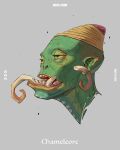  1boy absurdres chameleon_boy character_name colored_sclera commentary english_commentary grey_background hat highres male_focus monster_boy orc original patrick_ganas plug_(piercing) pointy_ears portrait simple_background solo tusks underbite yellow_sclera 