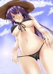  arsenal ass_visible_through_thighs bakemonogatari bikini bikini_pull black_bikini blue_eyes breasts cameltoe cloud covered_nipples day from_below front-tie_top groin hat large_breasts lens_flare long_hair looking_down micro_bikini monogatari_(series) navel pulled_by_self purple_hair senjougahara_hitagi sky solo straw_hat swimsuit underboob very_long_hair 