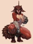  1girl animal_ears blue_eyes breasts claw_(weapon) claws cleavage commentary covering covering_crotch dragon_ears dragon_girl dragon_tail english_commentary fewer_digits full_body gauntlets grimsby highres horn huge_breasts lips looking_at_viewer monster_girl muscle muscular_female nude original red_skin scales shiny shiny_skin solo squatting tail talons thick_thighs thighs two-tone_skin weapon 