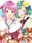  2girls :d ^_^ alternate_hairstyle aqua_hair bang_dream! bangs blue_flower blush closed_eyes commentary_request eyes_closed floral_print flower fur-trimmed_kimono fur_trim hair_bun hair_flower hair_ornament hand_on_own_chest hikawa_hina holding_arm ito22oji japanese_clothes kimono looking_at_viewer maruyama_aya multiple_girls new_year obi open_mouth pink_eyes pink_hair pink_kimono pom_pom_(clothes) red_flower sash short_hair sidelocks smile tassel upper_body yellow_flower 