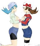  bad_id bad_pixiv_id blue_hair blush breast_envy breast_grab breasts breath brown_hair closed_eyes crystal_(pokemon) curvy grabbing hat hat_ribbon kneeling kotone_(pokemon) medium_breasts midriff multiple_girls mutual_grabbing no_bra open_clothes open_shirt overalls pokemon pokemon_(game) pokemon_gsc pokemon_hgss red_ribbon ribbon shirt shirt_lift sketch smirk thighhighs white_legwear xinjing yuri 