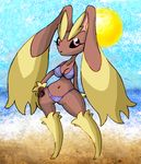  beach bikini black_sclera breasts clothed clothing female lagomorph lopunny mammal navel nintendo pok&#233;mon pokemon rabbit red_eyes seaside skimpy solo swimsuit the_brave video_games wide_hips 