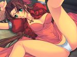  aerith_gainsborough blush breasts brown_hair cleavage cropped_jacket dress final_fantasy final_fantasy_vii green_eyes imminent_rape large_breasts long_hair lying non-web_source panties pink_dress solo spread_legs underwear white_panties yoko_juusuke 