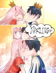  1girl bangs black_hair blue_eyes blush bomhat child closed_eyes comic commentary couple crown darling_in_the_franxx dress english english_commentary face-to-face facing_another green_eyes hand_on_another's_shoulder heart hetero highres hiro_(darling_in_the_franxx) horns kiss long_hair looking_at_another oni_horns pink_hair prince princess puffy_sleeves red_dress red_horns speech_bubble translation_request zero_two_(darling_in_the_franxx) 