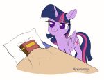 bed bedding blanket book equid equine female feral friendship_is_magic furniture hasbro horn mammal my_little_pony mythological_creature mythological_equine mythology ponionyy simple_background smile solo tucking_in twilight_sparkle_(mlp) winged_unicorn wings