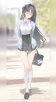  1girl absurdres alternate_costume bag black_hair blue_cardigan blurry blurry_background bow bowtie cardigan closed_eyes closed_mouth commentary facing_viewer feather_hair full_body grey_skirt hair_intakes hashtag-only_commentary highres holding holding_bag long_hair parted_bangs pillarboxed purple_bow purple_bowtie school_bag shirt shirt_tucked_in skirt smile socks solo tacet_mark_(wuthering_waves) very_long_hair white_shirt white_socks wuthering_waves yangyang_(wuthering_waves) youngjoo_kjy 