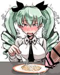  10s 1girl anchovy artist_request blush breasts cum cum_on_food drill_hair female food girls_und_panzer green_hair hetero large_breasts long_hair navel open_mouth ribbon school_uniform shiny shiny_skin tears translation_request trembling twintails 
