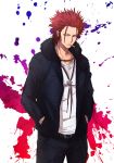  cc_(5589422) cigarette collarbone commentary_request fur_collar fur_trim hands_in_pockets jacket jewelry k_(anime) male_focus necklace red_eyes red_hair shirt short_hair solo suou_mikoto_(k) v-neck white_shirt 