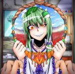  commentary_request crazy_eyes crazy_smile evil_grin evil_smile eyebrows_visible_through_hair frog_hair_ornament futatsuiwa_mamizou green_hair grin hair_ornament kochiya_sanae leaf leaf_hair_ornament leaf_on_head looking_at_viewer noose sharp_teeth smile snake_hair_ornament teeth teikoku_gensui touhou yellow_eyes 