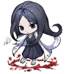  1boy 2girls anima_tion_1 black_hair black_hakama bleach bleach:_sennen_kessen-hen blood blue_eyes chibi chibi_inset commentary empty_eyes expressionless hakama haori highres japanese_clothes kusajishi_yachiru long_hair multiple_girls sandals scar scar_across_eye scar_on_chest scar_on_face shihakusho socks solo_focus symbol-only_commentary taichou_haori unohana_retsu white_haori white_socks wide_sleeves zaraki_kenpachi 