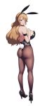  animal_ears armband ass bare_shoulders blonde_hair breasts bunny_ears bunny_girl bunny_tail full_body hand_on_own_chest high_heels highres huge_breasts kneepits long_hair looking_at_viewer looking_back pantyhose red_eyes smile solo standing tail white_background yan_wan 
