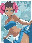  1girl bandeau bare_shoulders blue_bandeau blue_eyes blue_sarong breasts brown_hair cleavage clothes_lift commentary_request dark-skinned_female dark_skin flower hair_flower hair_ornament highres kanbei_(pixiv11037490) looking_at_viewer medium_breasts navel parted_lips phoebe_(pokemon) pokemon pokemon_rse print_sarong sarong sarong_lift short_hair smile solo stomach strapless tube_top zoom_layer 