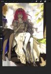  2girls aesc_(fate) aesc_(savior)_(fate) ahoge armor baobhan_sith_(fate) blonde_hair bow centaur cherroppi closed_eyes colored_extremities colored_inner_hair commentary_request deer_girl dress facial_mark fangs fate/grand_order fate_(series) grey_hair hair_bow highres hooves korean_commentary long_hair long_sleeves monster_girl monsterification multicolored_hair multiple_girls on_grass outdoors pantyhose pink_hair pointy_ears sitting smile taur torn_clothes torn_dress 
