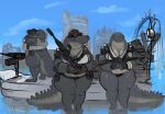 airboat alligator alligatorid anthro assault_rifle belly big_belly big_breasts big_butt breasts butt clothing crocodilian doctordj eyewear female goggles grey_body grey_scales group gun hat headgear headwear hi_res holding_gun holding_object holding_ranged_weapon holding_weapon huge_butt non-mammal_breasts overweight overweight_anthro overweight_female partially_submerged ranged_weapon reptile rifle scales scalie standing_in_water swamp tail thick_tail thick_thighs trio water weapon