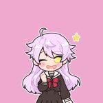  1girl ahoge arm_at_side black_serafuku black_shirt black_skirt blush_stickers bow bowtie clenched_hand commentary_request cowboy_shot deformed habsida_(habsida_hpy) hair_flaps hand_up korean_commentary long_hair long_sleeves looking_at_viewer one_eye_closed otonashi_ichie outline parted_lips peanut_mouth pink_background pleated_skirt purple_hair red_bow red_bowtie rinmeikan_girls_school_uniform sailor_collar school_uniform serafuku shirt shoujo_kageki_revue_starlight shoujo_kageki_revue_starlight_-re_live- simple_background skirt smile solo star_(symbol) straight-on white_outline white_sailor_collar yellow_eyes 