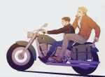  2boys alternate_costume belt black_belt black_boots black_hair black_jacket blonde_hair blue_eyes blue_pants boots brown_jacket brown_shoes collared_jacket commentary_request erwin_smith from_side grey_pants highres ikichi8tkjn jacket levi_(shingeki_no_kyojin) long_sleeves male_focus medium_sideburns motor_vehicle motorcycle multiple_boys on_motorcycle pants parted_lips partially_unzipped popped_collar shingeki_no_kyojin shoes sideburns simple_background thick_eyebrows white_background 