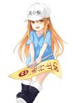  black_footwear blue_shirt boots brown_eyes brown_hair commentary flag full_body hat hataraku_saibou highres long_hair mojomaru open_mouth platelet_(hataraku_saibou) shirt smile solo 