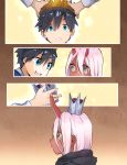  1girl black_cloak black_hair blue_eyes bomhat child cloak comic commentary couple crown darling_in_the_franxx english_commentary green_eyes hetero highres hiro_(darling_in_the_franxx) holding holding_crown hood hooded_cloak horns long_hair looking_at_another oni_horns parka pink_hair prince putting_on_headwear red_horns red_pupils red_sclera red_skin zero_two_(darling_in_the_franxx) 