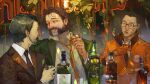  3boys absurdres alcohol black_eyes black_hair black_jacket black_necktie black_suit blazer blush bomber_jacket bottle brown_hair collared_shirt commentary cup disco_elysium drunk english_commentary facial_hair glasses gloves grin half-closed_eyes hand_up harry_du_bois highres holding holding_cup jacket jean_vicquemare kim_kitsuragi kozmoraven1610 lens_flare looking_at_another male_focus multiple_boys mutton_chops necktie night nose_blush orange_gloves orange_jacket outdoors parted_lips plant shirt short_hair smile suit upper_body white_shirt yellow_necktie 