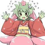 :d arms_up bangs blush collarbone eyebrows_visible_through_hair flower flying_sweatdrops green_hair green_skin hair_flower hair_ornament japanese_clothes kimono long_hair long_sleeves obi open_mouth original pink_flower plant_girl red_eyes red_kimono sash short_kimono simple_background smile solo u-non_(annon'an) white_background wide_sleeves 