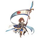  armor blue_eyes bridgette_(granblue_fantasy) brown_hair flag full_body gold_footwear granblue_fantasy harvin hat holding holding_flag holding_sword holding_weapon looking_away minaba_hideo official_art pointy_ears short_hair solo sword transparent_background weapon 