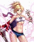  abs ass_visible_through_thighs bandeau bare_shoulders belt blonde_hair braid breasts clarent cleavage covered_nipples cutoffs denim denim_shorts electricity fate/apocrypha fate_(series) french_braid gauntlets green_eyes grin hair_ornament hair_scrunchie highres jacket jewelry long_hair looking_at_viewer medium_breasts midriff mordred_(fate) mordred_(fate)_(all) nasaniliu necklace off_shoulder ponytail red_jacket red_scrunchie scrunchie shorts simple_background smile solo standing teeth white_background 