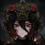  1girl artist_name bags_under_eyes black_hair black_sweater blood blood_on_face blurry blurry_background brown_helmet camouflage chinstrap closed_mouth cloud cloudy_sky combat_helmet commentary crack cracked_glass debris dirty dirty_face ear_protection english_commentary fast_helmet frown gradient_hair grey_sky hair_between_eyes headset helmet looking_at_viewer mikhail_n762 mikoto_(mikhail_n762) mole mole_under_eye multicolored_hair night_vision_device original outdoors qr_code rain red_eyes scar scar_across_eye scar_on_face serious short_hair sky solo straight-on sweater tactical_clothes twitter_username upper_body wet woodland_camouflage 