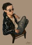  1boy absurdres aegyo_sal alternate_costume black_eyes black_hair black_jacket black_nails cigarette commentary crossed_legs denim disco_elysium elbow_rest english_commentary from_above full_body highres holding holding_cigarette jacket jeans kim_kitsuragi kozmoraven1610 leaning_back leather leather_jacket looking_at_viewer male_focus pants shirt short_hair solo sunglasses white_shirt 