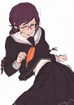 >:( 1girl 3amsoda blush braid breasts clenched_hand closed_mouth collarbone danganronpa:_trigger_happy_havoc danganronpa_(series) flustered fukawa_toko gloom_(expression) long_skirt long_sleeves looking_at_viewer lying neckerchief on_back orange_neckerchief purple_eyes purple_serafuku round_eyewear sailor_collar school_uniform serafuku simple_background skirt solo sweat swept_bangs twin_braids upturned_eyes v-shaped_eyebrows white_background white_sailor_collar white_trim 