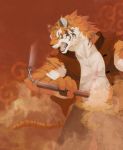  2016 4_fingers abs anthro brown_theme claws clothed clothing dust fangs feline fur male mammal melee_weapon muscular muscular_male nunchaku open_mouth solo striped_fur striped_tail stripes tiger tuft weapon whistleglass yellow_eyes 