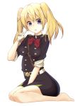  barefoot between_legs black_dress blonde_hair bow bowtie dress enokimo_me eyebrows_visible_through_hair gloves hair_between_eyes hand_between_legs highres index_finger_raised long_hair looking_at_viewer military military_uniform open_mouth owari_no_seraph plantar_flexion purple_eyes red_bow sanguu_mitsuba shiny shiny_hair short_dress simple_background sitting solo twintails uniform wariza white_background white_gloves 