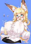  ahoge amino_dopple animal_ear_fluff animal_ears bangs black_skirt blonde_hair blue_background blue_eyes blunt_bangs blush breasts buttons commentary_request embarrassed eyebrows_visible_through_hair fangs flying_button fox_ears glasses highres huge_breasts long_hair long_sleeves looking_at_viewer open_mouth original popped_button red-framed_eyewear semi-rimless_eyewear shirt short_eyebrows signature simple_background skirt solo twitter_username under-rim_eyewear white_shirt 