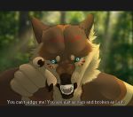  2018 adam angry animal_humanoid anthro blue_eyes brown_fur canine claws comic coyote digital_drawing_(artwork) digital_media_(artwork) elleluieux english_text fake_screencap fake_screenshot forest fur hi_res humanoid looking_at_viewer lui male mammal native_american open_mouth pandore standing text tree tribal wolf 