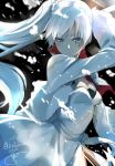  artist_name blue_eyes breasts cleavage dress highres isshiki_(ffmania7) jacket myrtenaster rapier rwby scar scar_across_eye signature sword weapon weiss_schnee white_dress white_hair 