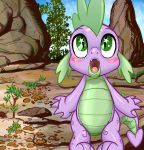  2016 blush cute detailed_background dragon fangs feral friendship_is_magic grass green_eyes green_scales hi_res looking_up male my_little_pony open_mouth outside pencils_(artist) purple_scales rock scales scalie solo spade_tail spike_(mlp) spines teeth tongue 