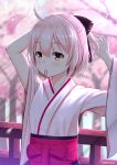  absurdres adjusting_hair ahoge arm_up artist_name bangs blurry blurry_background blush cherry_blossoms commentary day eyebrows_visible_through_hair fate/grand_order fate_(series) hair_tie_in_mouth highres japanese_clothes kimono koha-ace looking_at_viewer mouth_hold obi okita_souji_(fate) okita_souji_(fate)_(all) pink_hair sasatabekung sash self_upload short_hair short_ponytail solo sunlight upper_body wide_sleeves yellow_eyes 