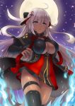  ahoge arm_guards bangs black_bow black_legwear bow breasts brown_eyes cleavage cleavage_cutout commentary_request dark_skin dress eyebrows_visible_through_hair fate/grand_order fate_(series) full_moon hair_between_eyes hair_bow hair_ornament holding holding_sheath koha-ace large_breasts light_brown_hair long_hair looking_at_viewer miyuki_rei moon night night_sky okita_souji_(alter)_(fate) okita_souji_(fate)_(all) parted_lips petals red_dress sheath short_sleeves sky solo standing star_(sky) starry_sky tassel thighhighs v-shaped_eyebrows very_long_hair wide_sleeves 