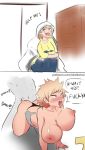  1boy 1girl ass bakugou_katsuki bakugou_mitsuki belly blonde_hair blush boku_no_hero_academia breasts datkohai eyebrows instant_loss_2koma milf open_mouth panties pants shirt short_hair stomach teeth text_focus underwear 