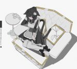  1girl animal_ears apron arknights arm_support artist_name black_dress black_hair black_shoes brown_eyes chinese_commentary closed_mouth commentary_request couch dated dress enmaided flower frilled_apron frilled_dress frills full_body grey_apron hair_flower hair_ornament highres jessica_(arknights) jessica_the_liberated_(arknights) jqqs2002 long_hair long_sleeves looking_at_viewer maid making-of_available multicolored_hair on_couch pantyhose pillow purple_hair purple_streaks shoes sidelocks sitting solo tail two-tone_hair white_flower white_pantyhose yokozuwari 