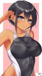  1girl arisu_(alice1019sm) black_hair black_one-piece_swimsuit breasts commentary_request competition_school_swimsuit covered_navel dark-skinned_female dark_skin grey_eyes highleg highleg_one-piece_swimsuit highres large_breasts looking_at_viewer one-piece_swimsuit original school_swimsuit short_hair solo swimsuit tan tomboy two-tone_swimsuit 
